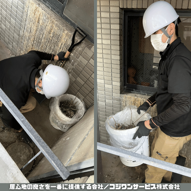 鳩糞で汚損された不用品を撤去しながらの清掃作業 鳩糞で汚損された不用品を撤去しながらの清掃作業